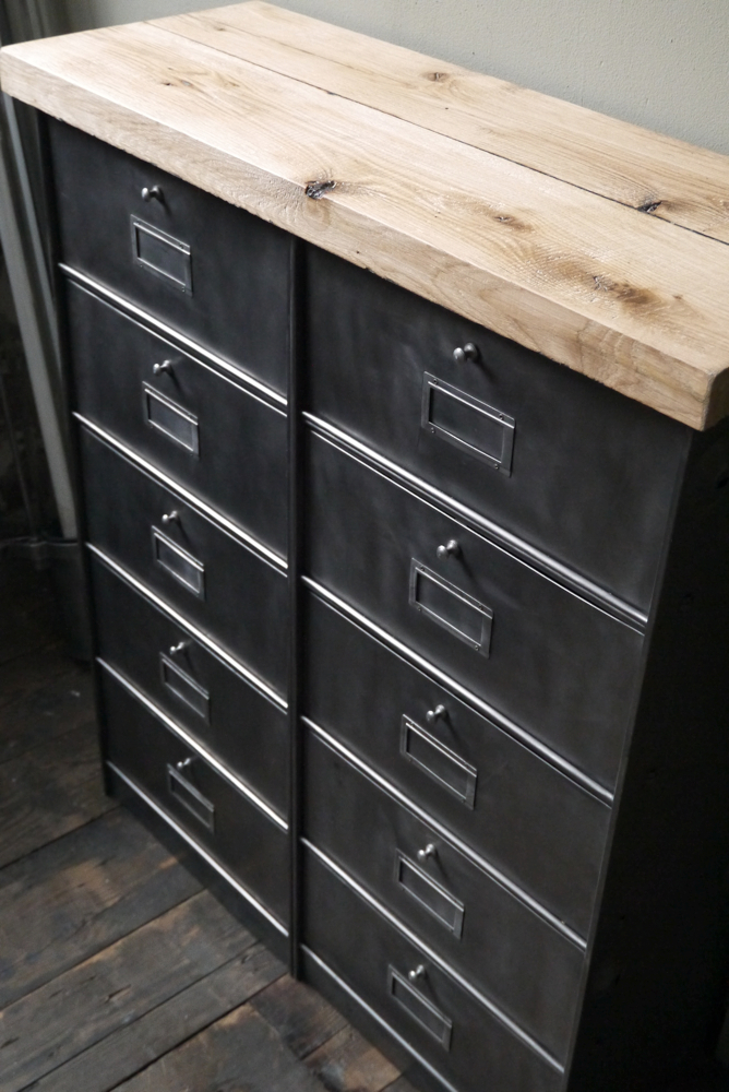 ancien meuble console 10 casiers industriel a clapet roneo 1950 plateau chene massif – Image 2