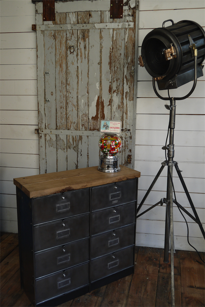 meuble console 8 casiers industriel clapet Roneo plateau chene massif – Image 3