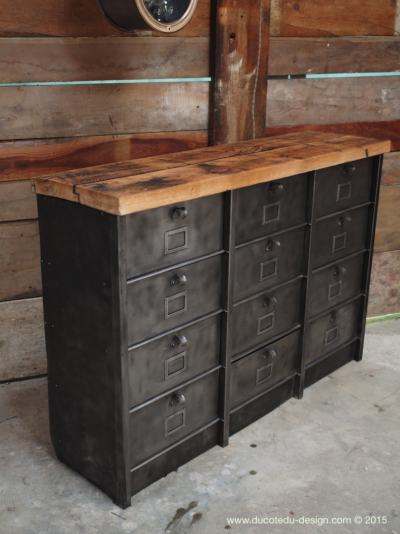 ancien grand meuble 12 casiers industriel strafor plateau chene massif – Image 14