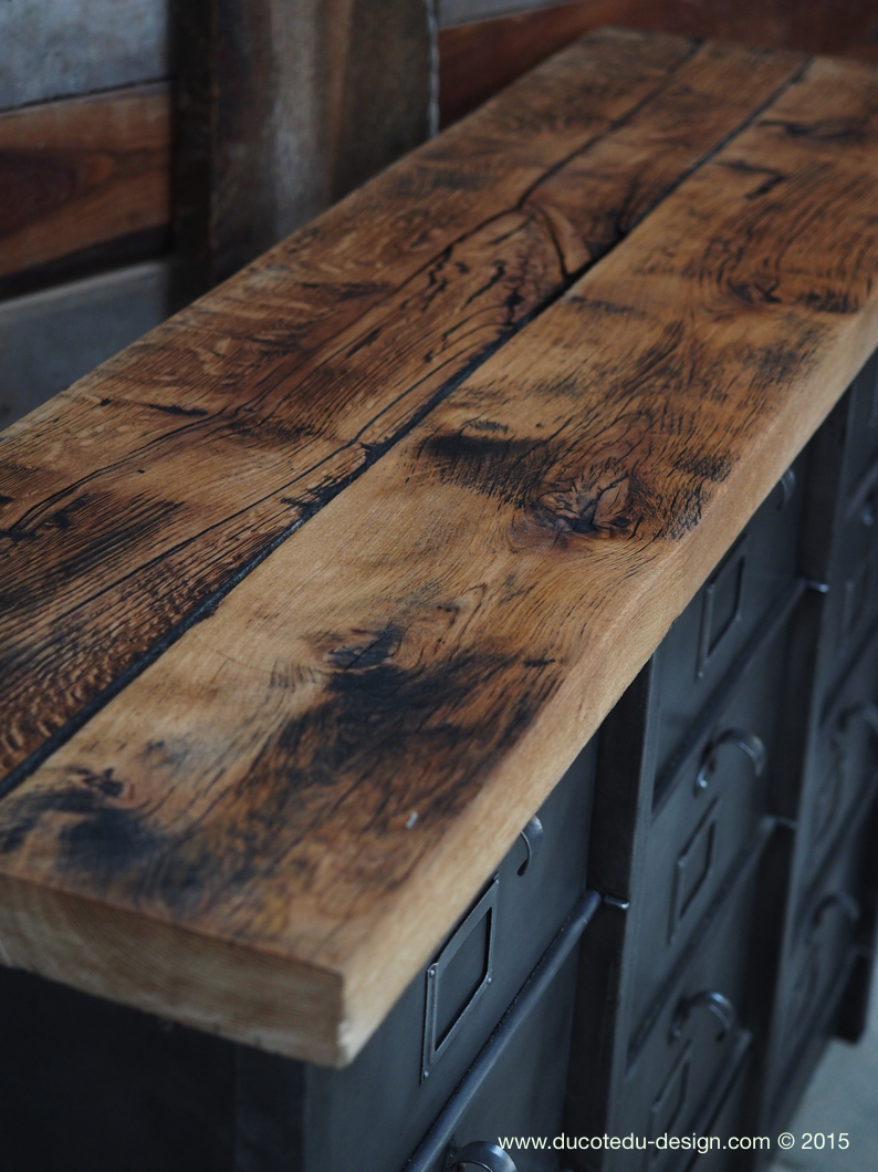 ancien grand meuble 12 casiers industriel strafor plateau chene massif – Image 10