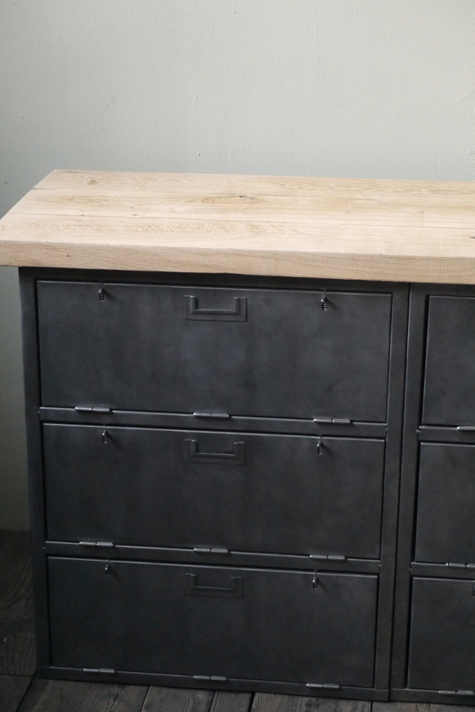 enfilade industrielle 9 compartiments atelier militaire plateau vieux chene massif – Image 4