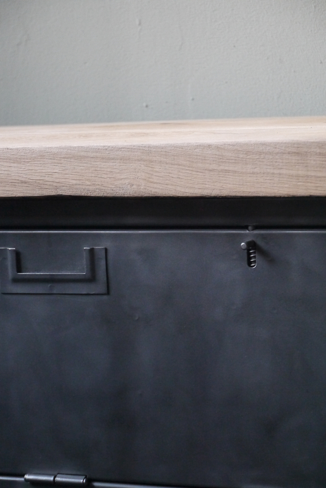 enfilade industrielle 9 compartiments atelier militaire plateau vieux chene massif – Image 7