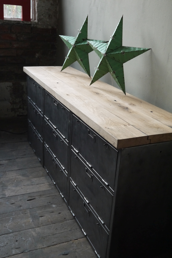 enfilade industrielle 9 compartiments atelier militaire plateau vieux chene massif – Image 6