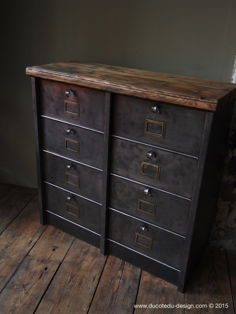 ancien meuble 8 casiers industriel strafor plateau chene massif – Image 15