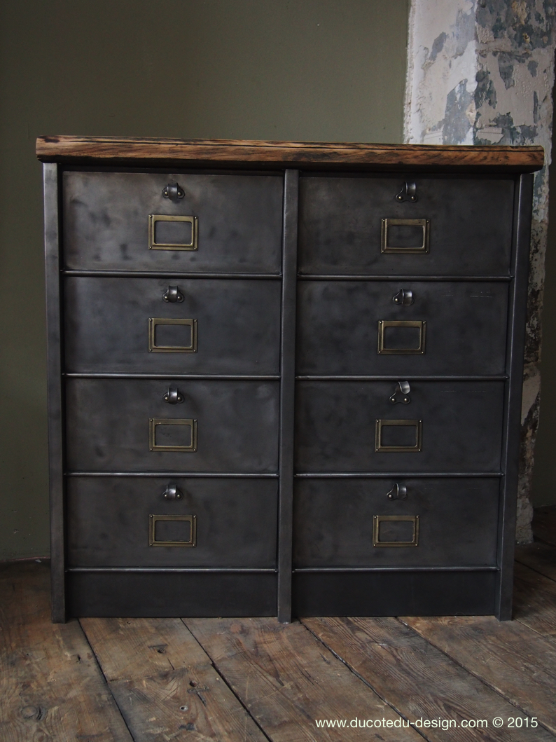 ancien meuble 8 casiers industriel strafor plateau chene massif – Image 3