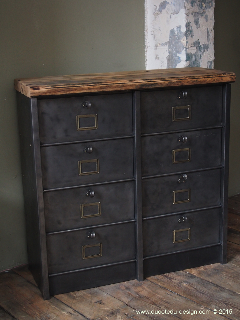 ancien meuble 8 casiers industriel strafor plateau chene massif – Image 11