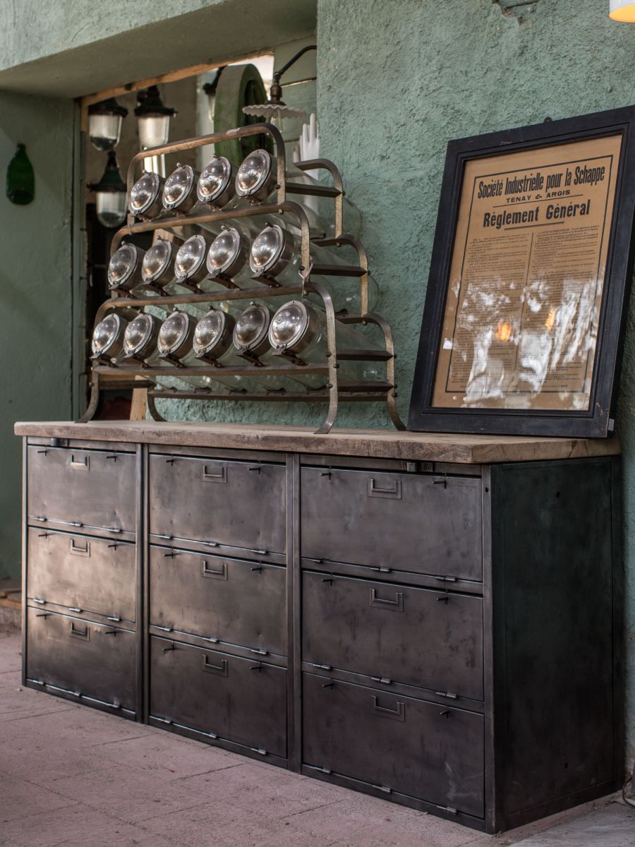 taller militar enfilado industrial de 9 compartimentos tapa de roble viejo macizo - Image 11