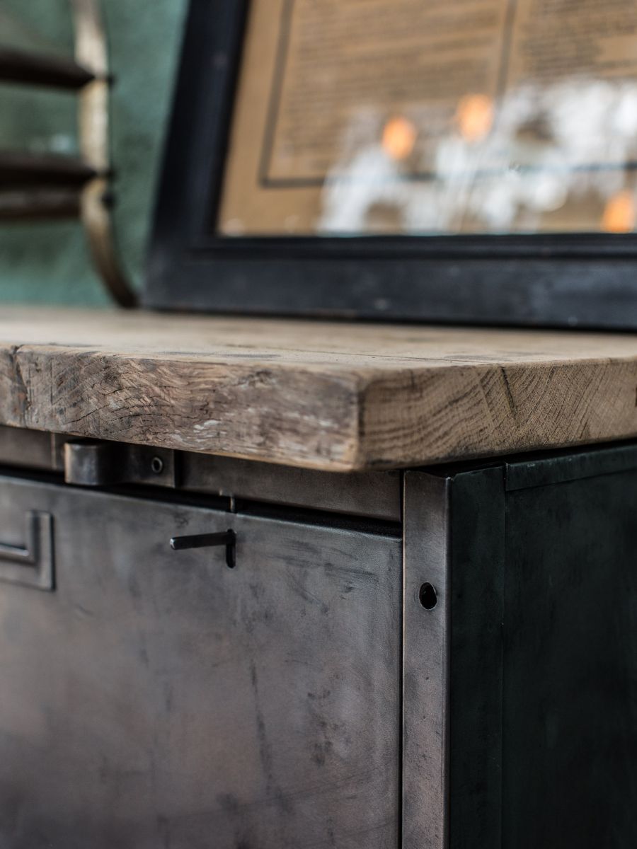 taller militar enfilado industrial de 9 compartimentos tapa de roble viejo macizo - Image 6