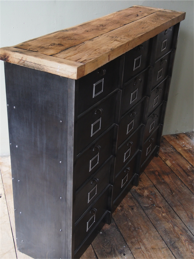 ancien grand meuble 15 casiers industriel strafor plateau chene massif – Image 5