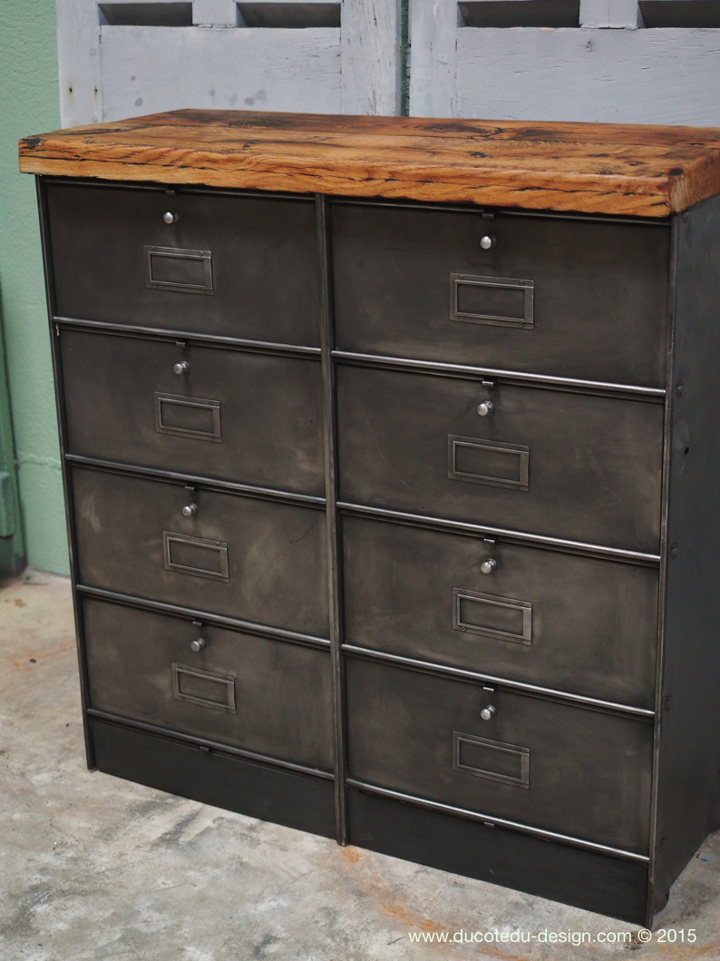 meuble console 8 casiers industriel clapet Roneo plateau chene massif – Image 3