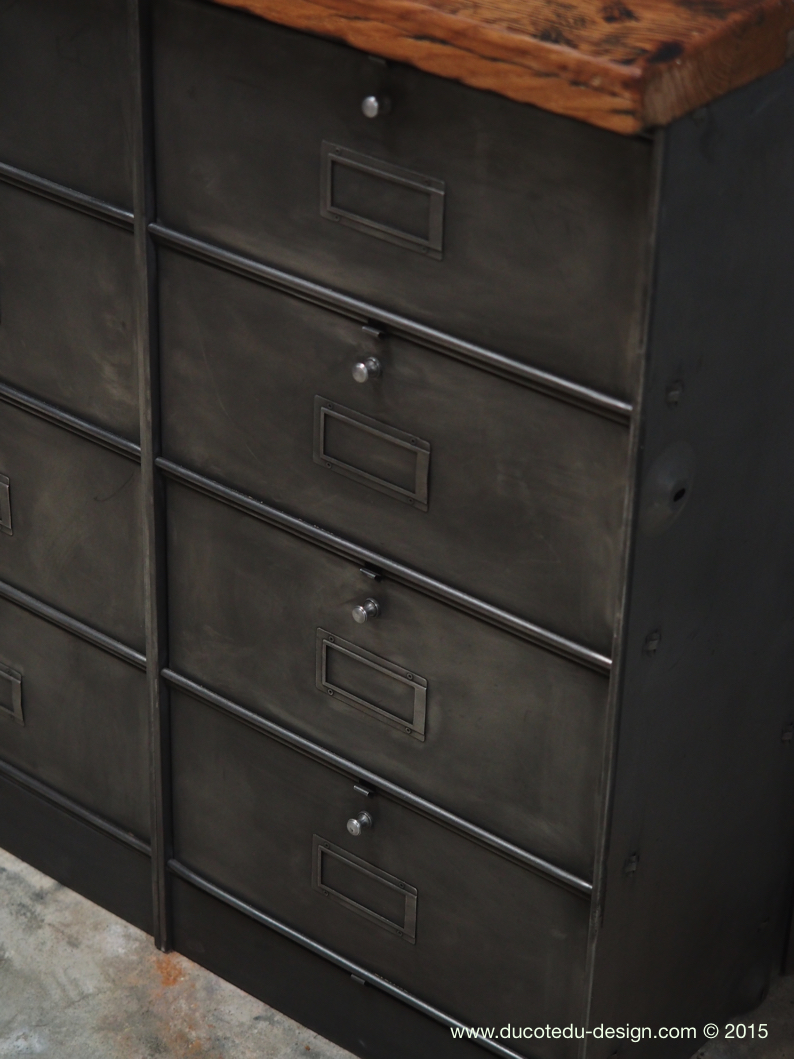 meuble console 8 casiers industriel clapet Roneo plateau chene massif – Image 4