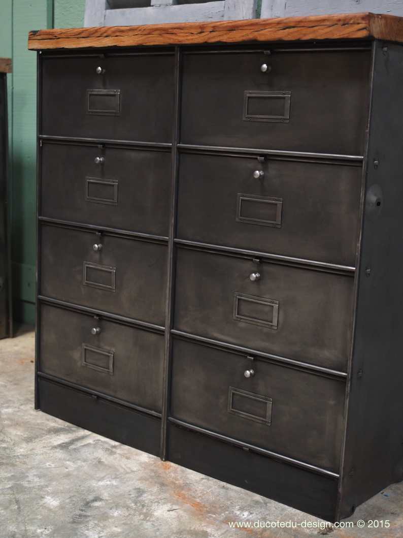 meuble console 8 casiers industriel clapet Roneo plateau chene massif – Image 2