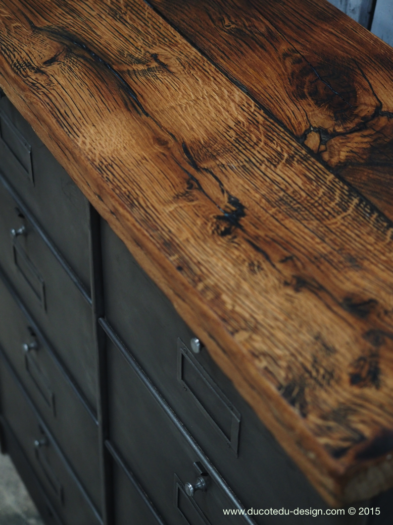 meuble console 8 casiers industriel clapet Roneo plateau chene massif – Image 8