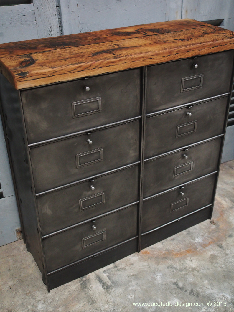 meuble console 8 casiers industriel clapet Roneo plateau chene massif – Image 11