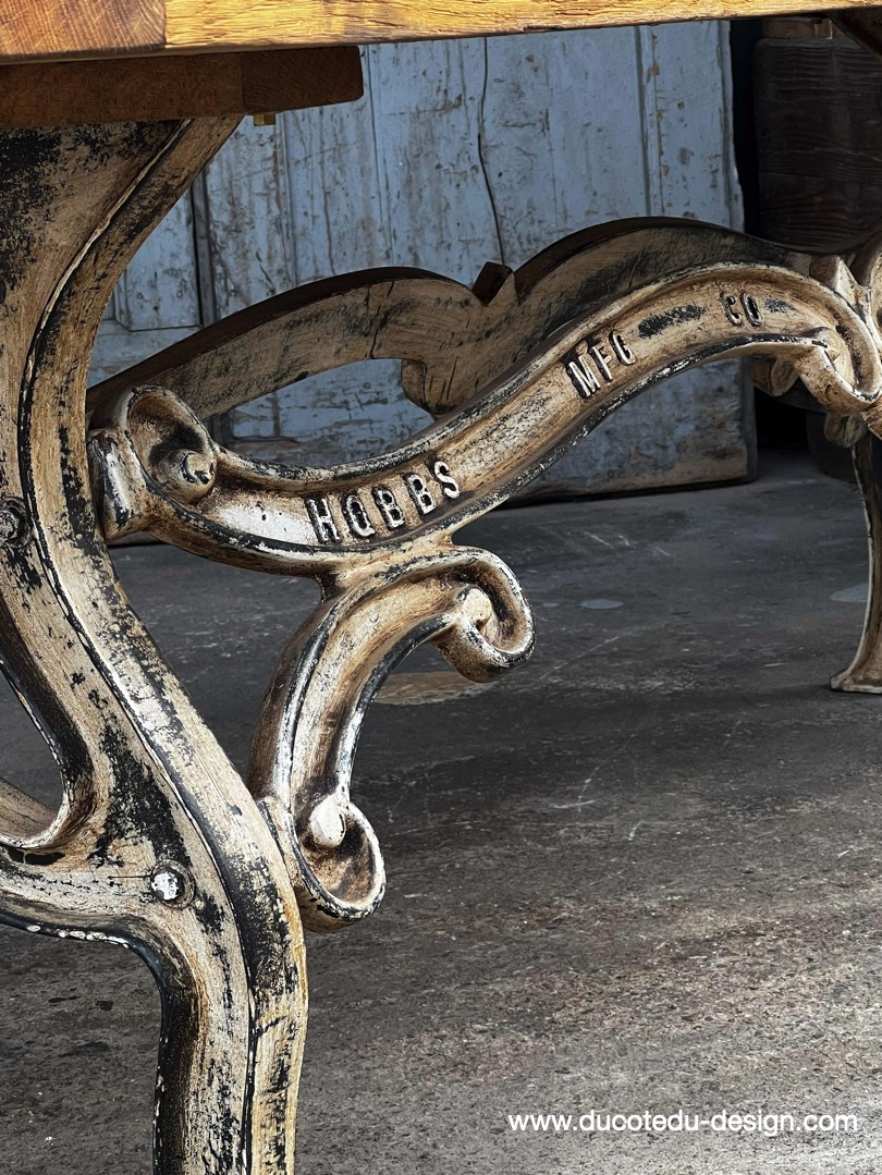 table industrielle plateau ancien chene massif pietement fonte patine americain – Image 5