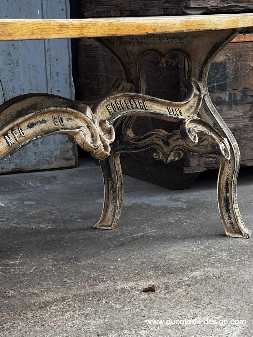 table industrielle plateau ancien chene massif pietement fonte patine americain – Image 6
