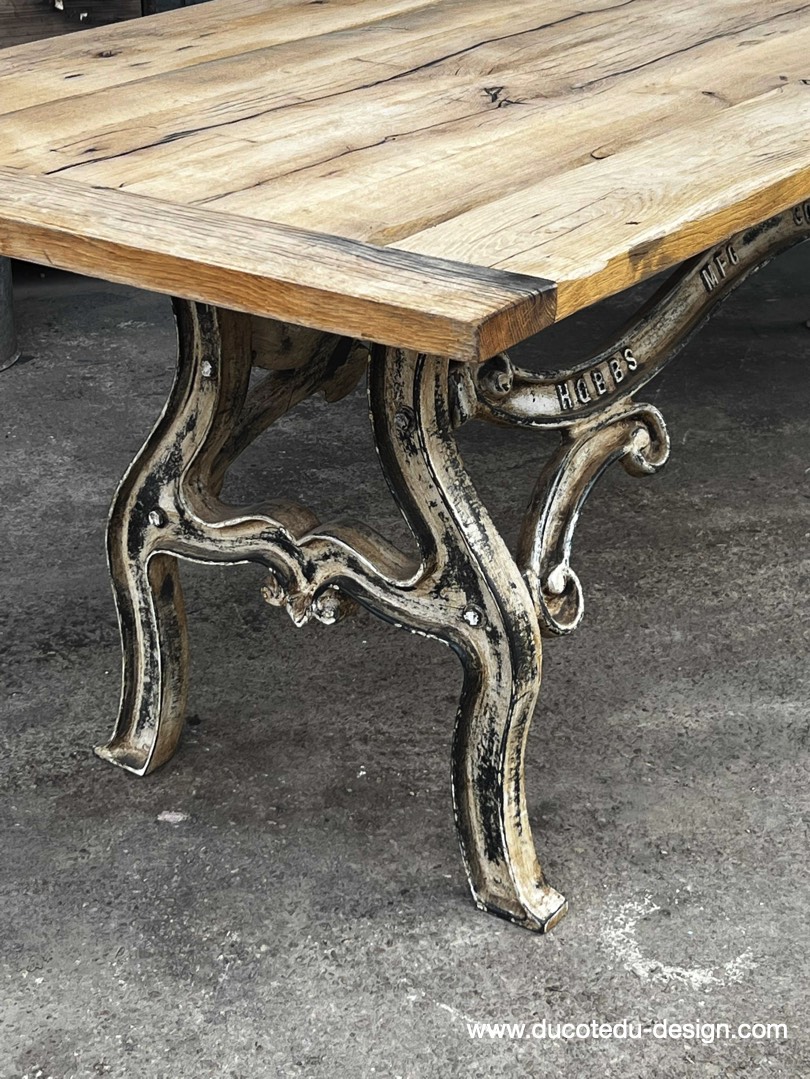 table industrielle plateau ancien chene massif pietement fonte patine americain – Image 7