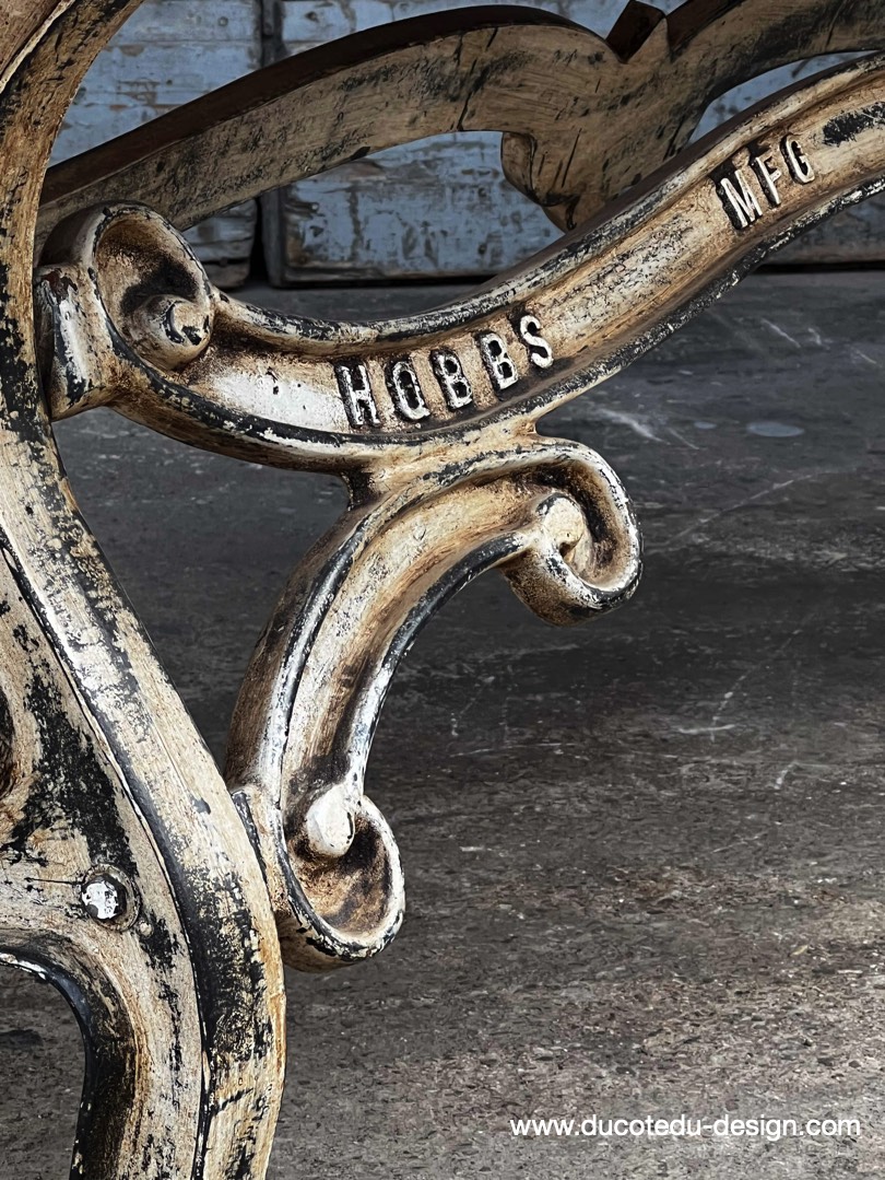table industrielle plateau ancien chene massif pietement fonte patine americain – Image 8