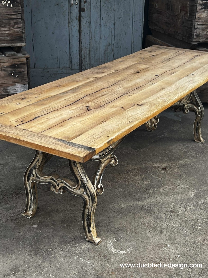 table industrielle plateau ancien chene massif pietement fonte patine americain – Image 9