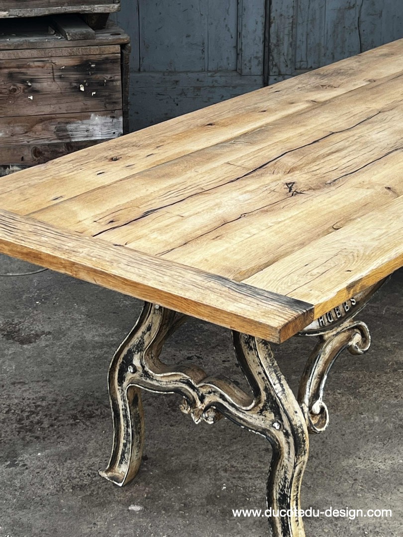 table industrielle plateau ancien chene massif pietement fonte patine americain – Image 10