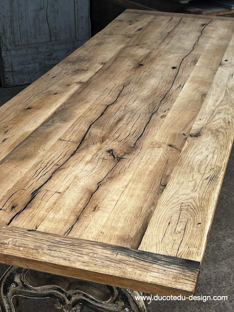 table industrielle plateau ancien chene massif pietement fonte patine americain – Image 11