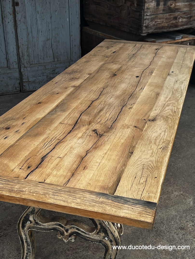 table industrielle plateau ancien chene massif pietement fonte patine americain – Image 12