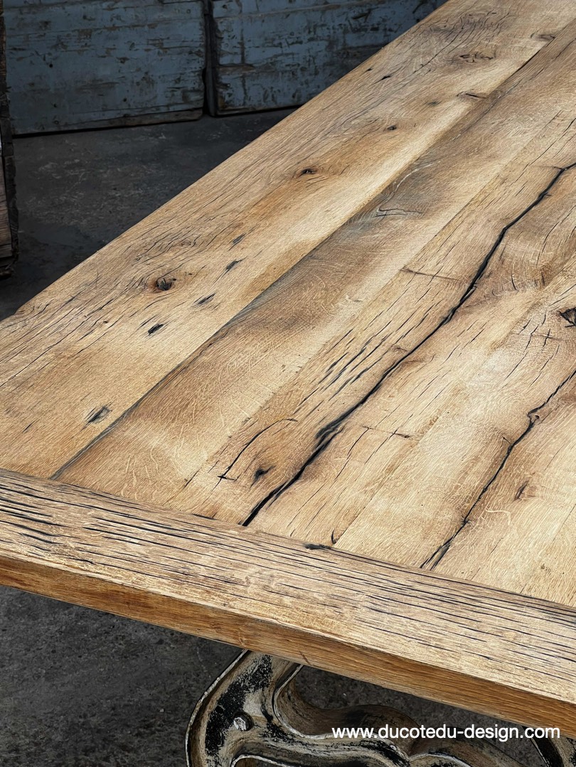 table industrielle plateau ancien chene massif pietement fonte patine americain – Image 13