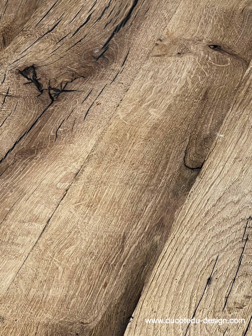 table industrielle plateau ancien chene massif pietement fonte patine americain – Image 14