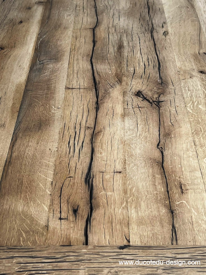 table industrielle plateau ancien chene massif pietement fonte patine americain – Image 15