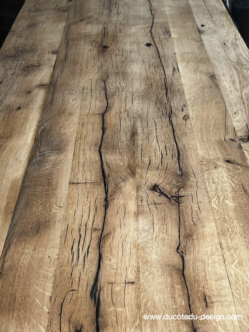 table industrielle plateau ancien chene massif pietement fonte patine americain – Image 16