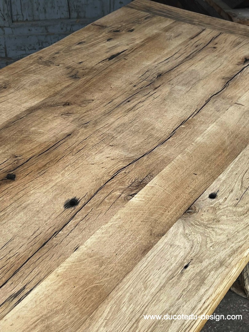 table industrielle plateau ancien chene massif pietement fonte patine americain – Image 17