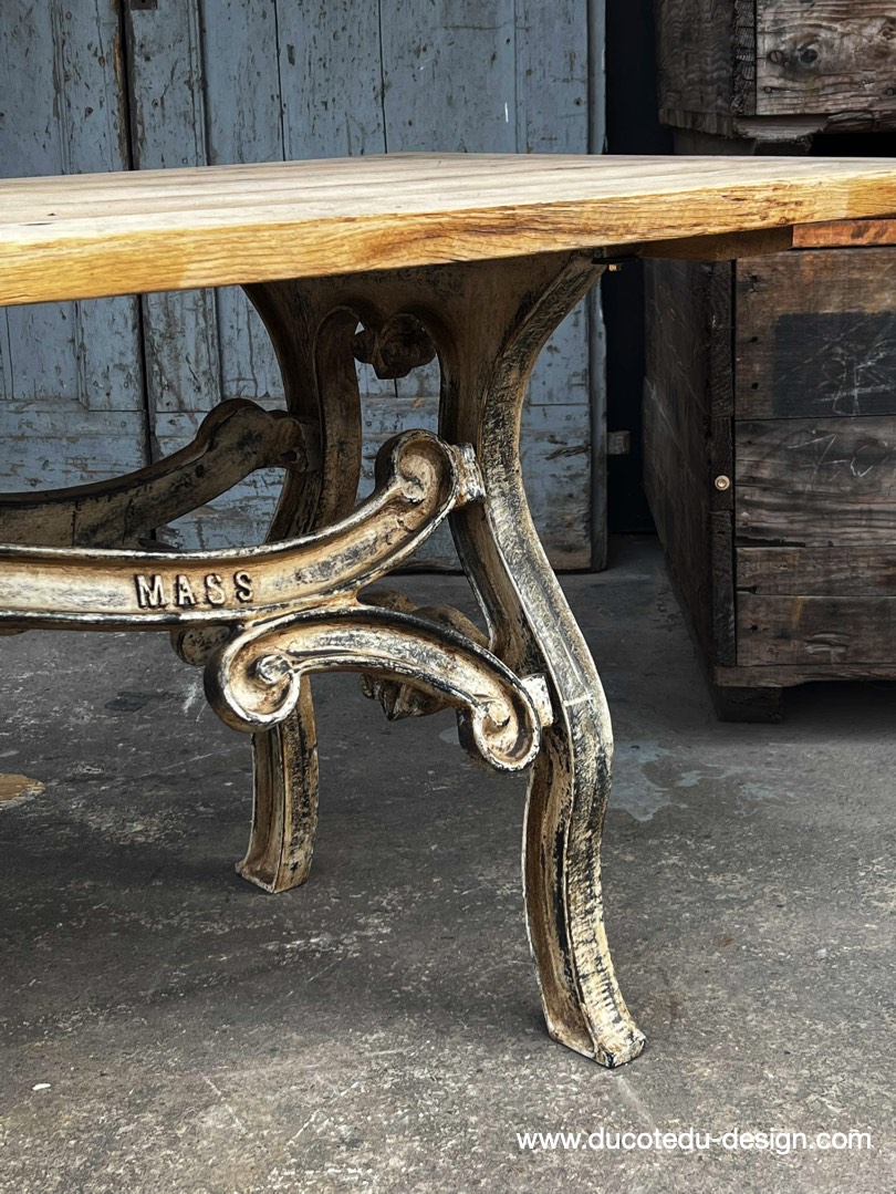 table industrielle plateau ancien chene massif pietement fonte patine americain – Image 18