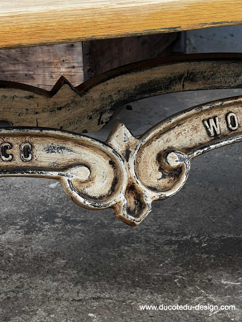 table industrielle plateau ancien chene massif pietement fonte patine americain – Image 20