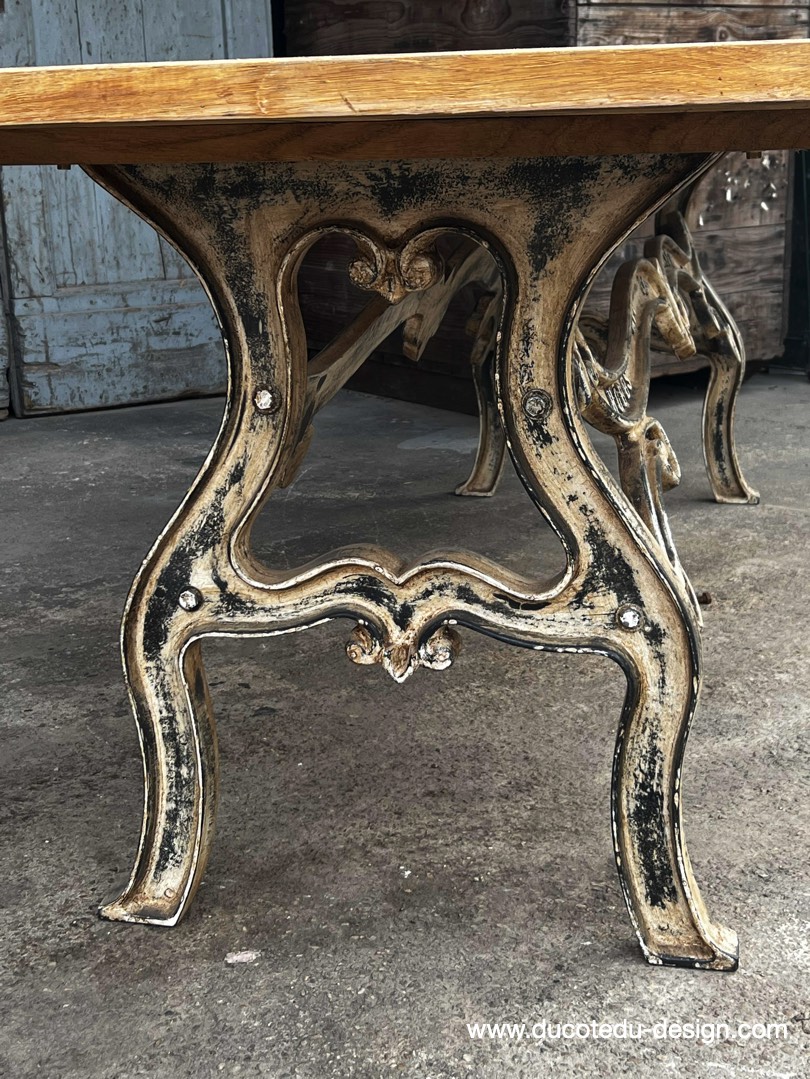 table industrielle plateau ancien chene massif pietement fonte patine americain – Image 22