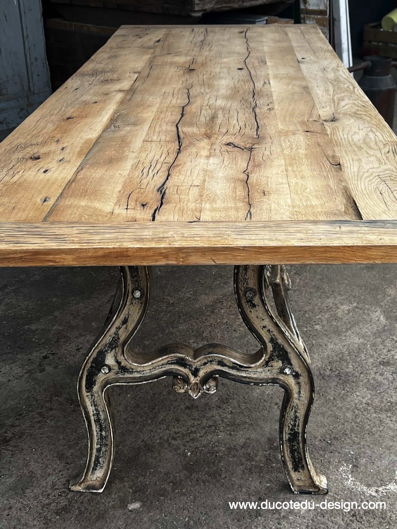 table industrielle plateau ancien chene massif pietement fonte patine americain – Image 23