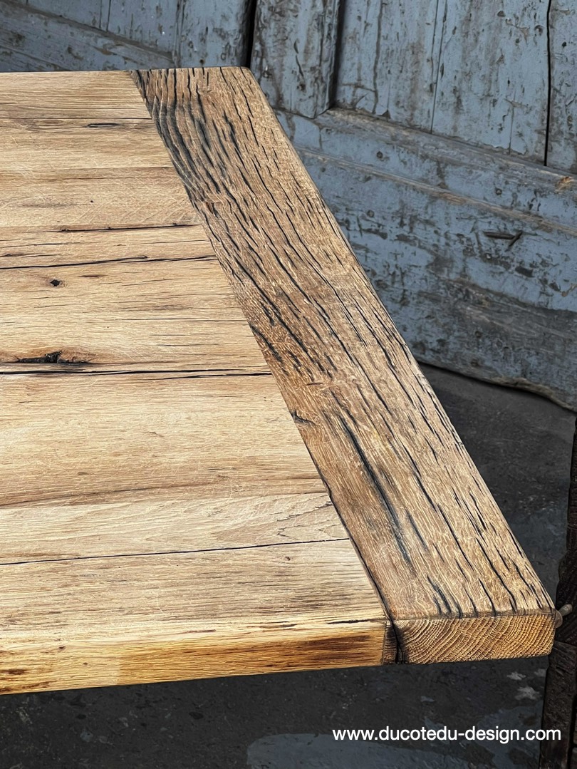 table industrielle plateau ancien chene massif pietement fonte patine americain – Image 24