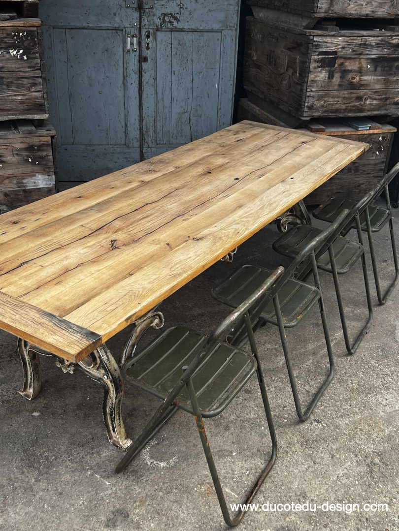 table industrielle plateau ancien chene massif pietement fonte patine americain – Image 25