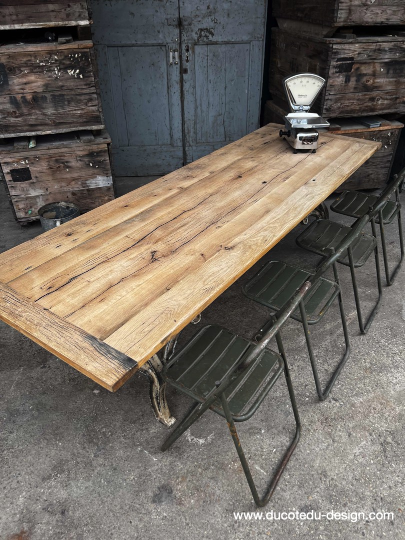 table industrielle plateau ancien chene massif pietement fonte patine americain – Image 26
