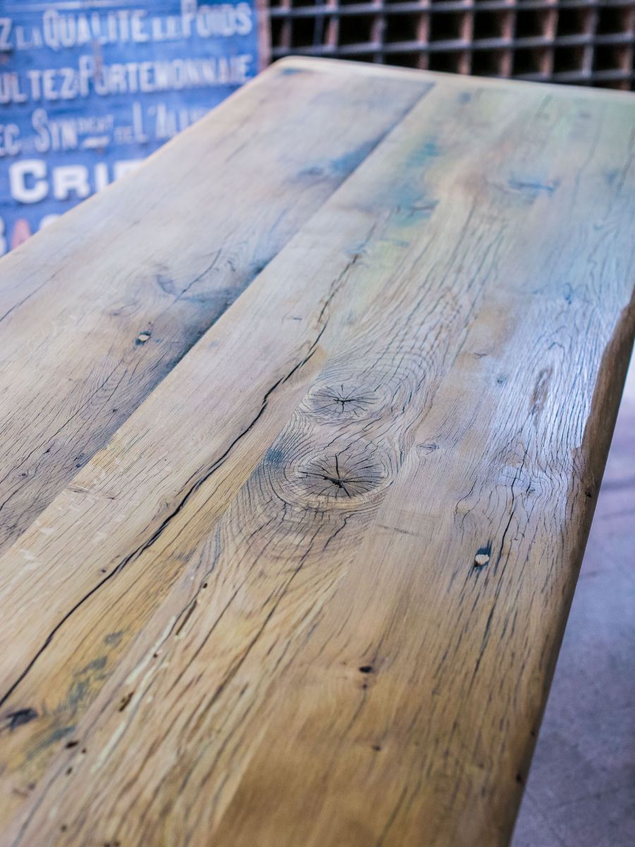 table industrielle plateau chene massif pietement fonte New York – Image 15