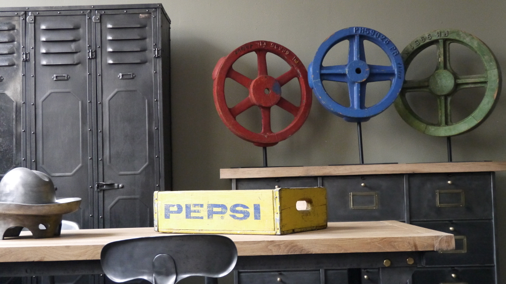 Table ou bureau metal industriel militaire plateau chene massif – Image 17