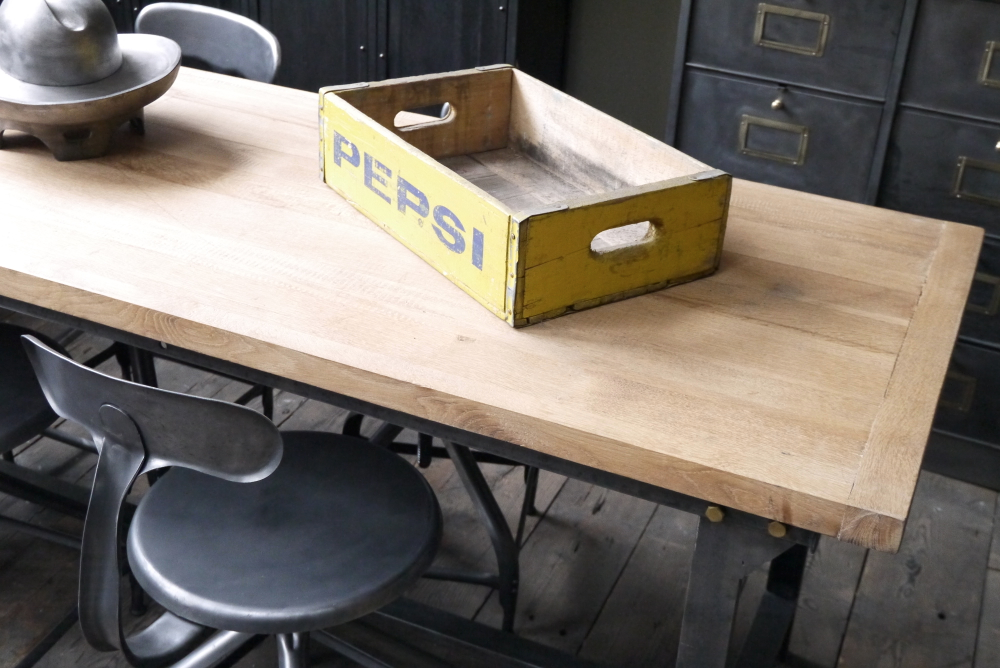 Table ou bureau metal industriel militaire plateau chene massif – Image 6