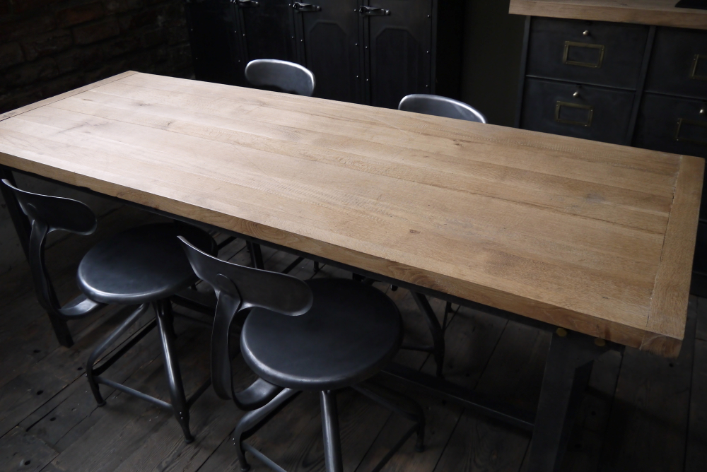 Table ou bureau metal industriel militaire plateau chene massif – Image 8