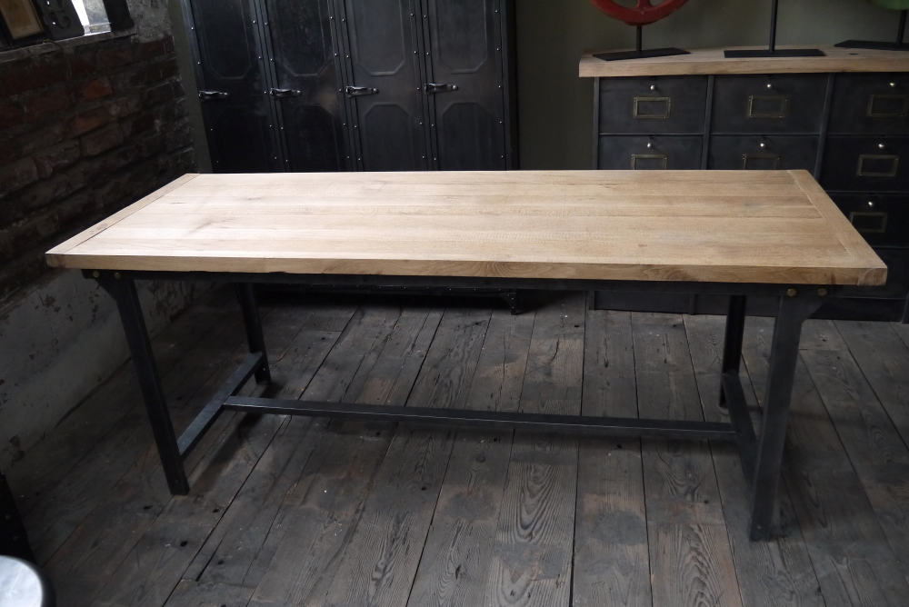 Table ou bureau metal industriel militaire plateau chene massif – Image 3