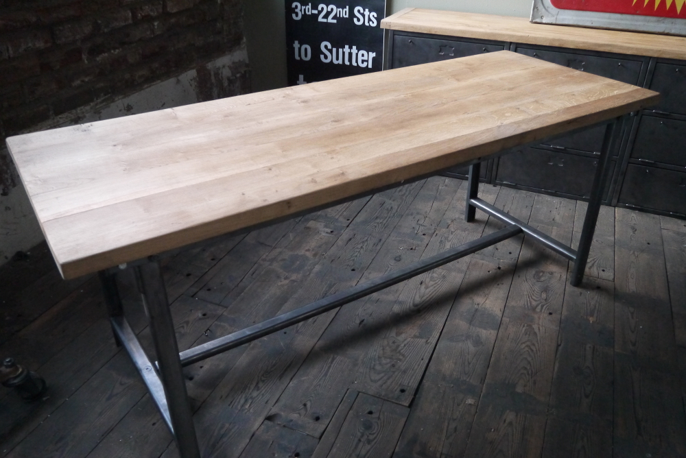 Table ou bureau metal industriel militaire plateau chene massif – Image 7