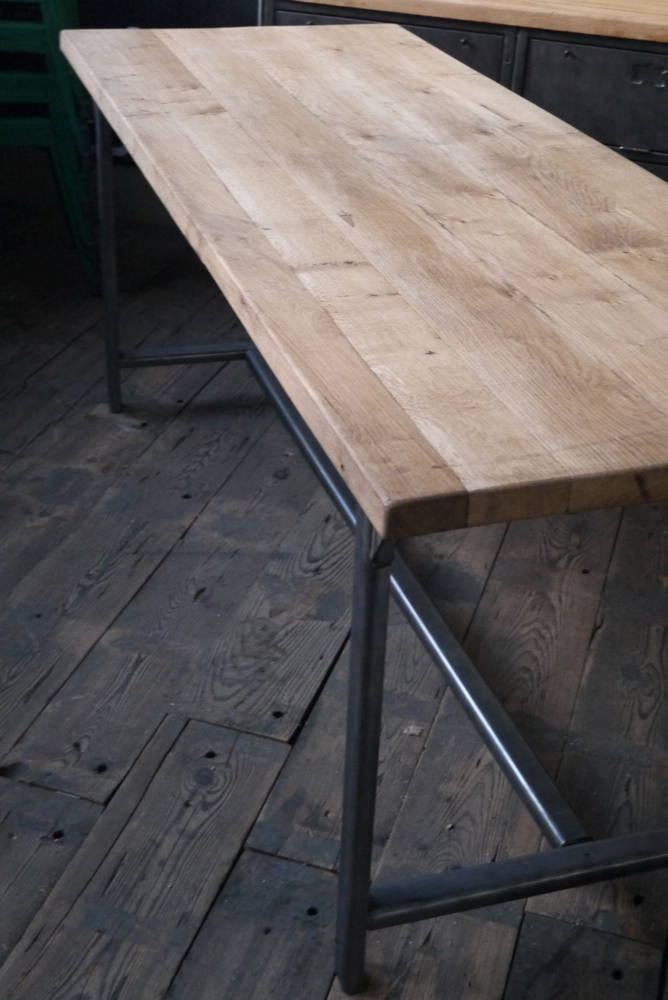 Table ou bureau metal industriel militaire plateau chene massif – Image 13