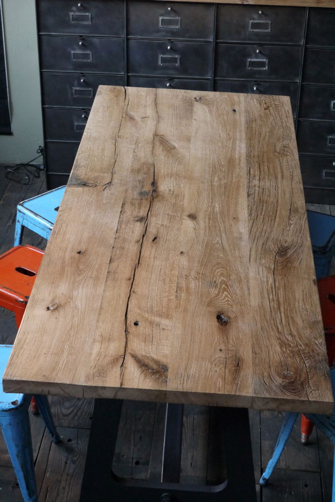 grande table industrielle plateau chene massif pietement fonte – Image 14