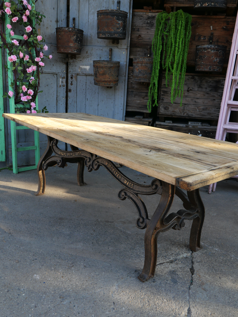 table industrielle plateau ancien chene massif pietement fonte americain – Image 5