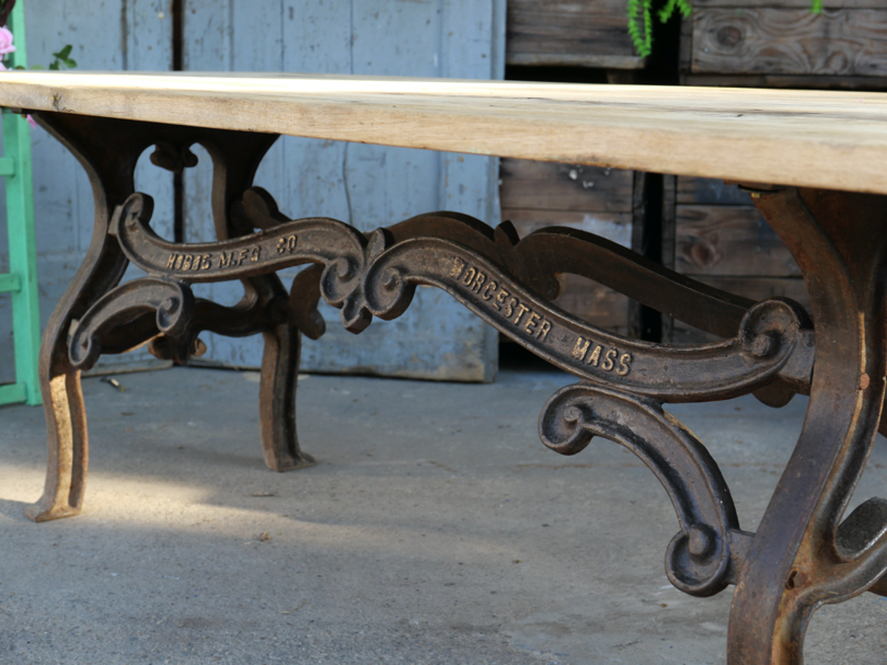 table industrielle plateau ancien chene massif pietement fonte americain – Image 7