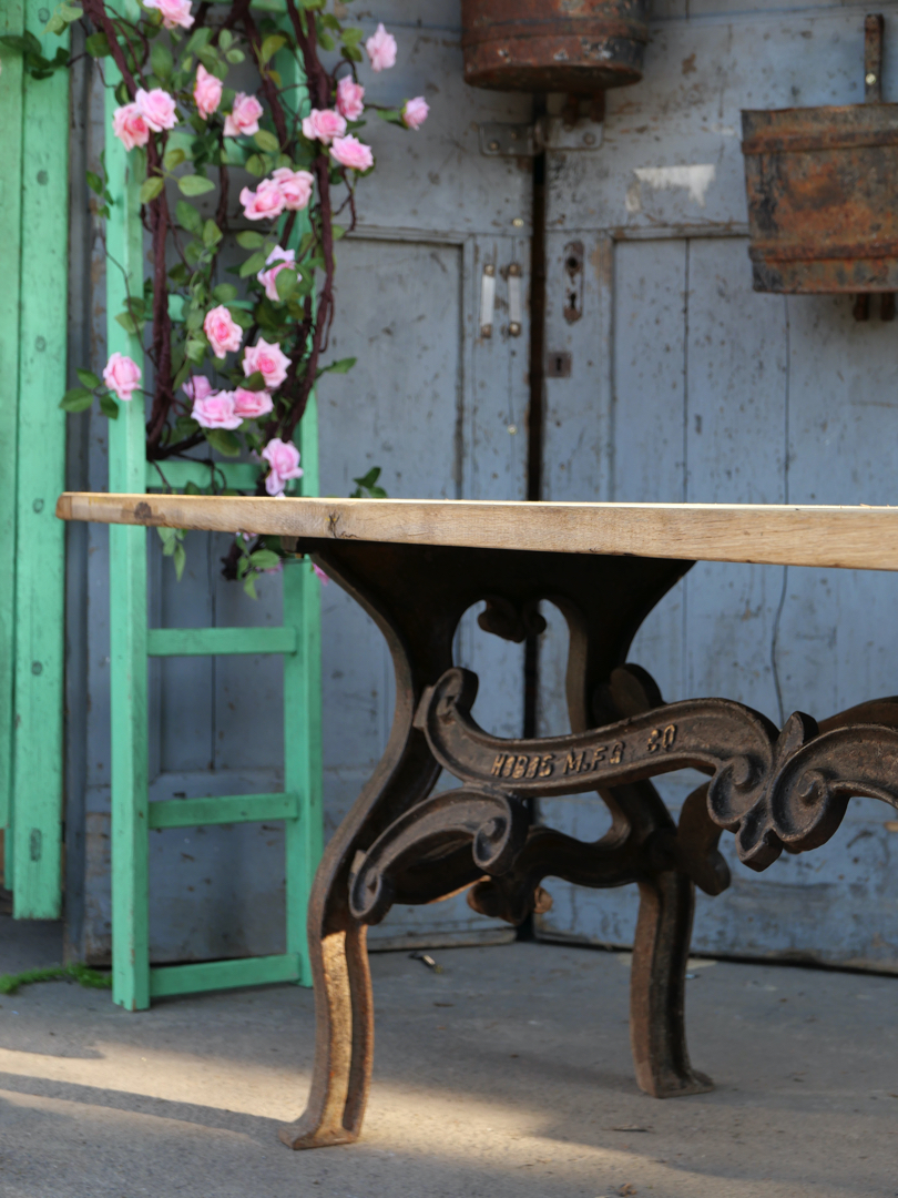 table industrielle plateau ancien chene massif pietement fonte americain – Image 8