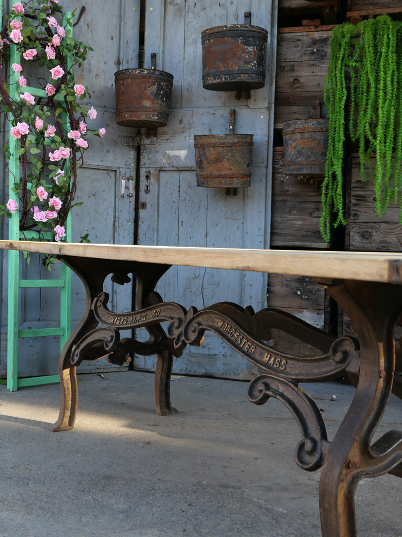 table industrielle plateau ancien chene massif pietement fonte americain – Image 9